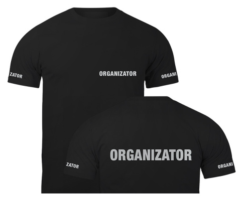 T-shirt, koszulka czarna z nadrukiem odblaskowym "Organizator" 190g/m², rękawki, przód, tył T-shirt, koszulka czarna z nadrukiem odblaskowym "Organizator" 190g/m², rękawki, przód, tył
