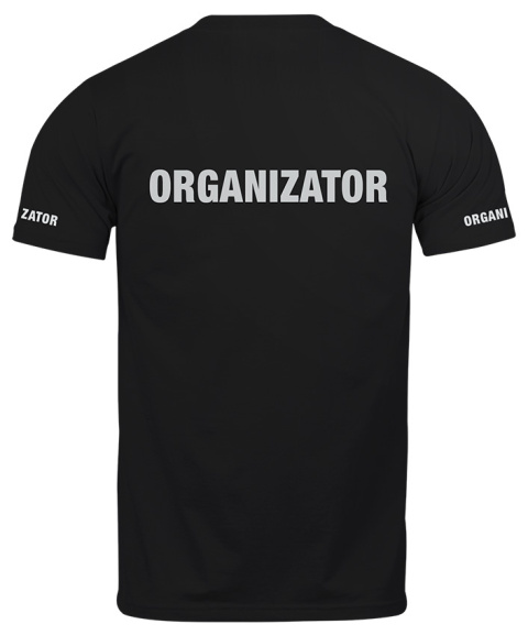 T-shirt, koszulka czarna z nadrukiem odblaskowym "Organizator" 190g/m², rękawki, przód, tył T-shirt, koszulka czarna z nadrukiem odblaskowym "Organizator" 190g/m², rękawki, przód, tył
