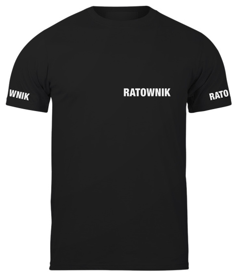 T-shirt, koszulka czarna z nadrukiem odblaskowym "Ratownik" 190g/m², rękawki, przód, tył T-shirt, koszulka czarna z nadrukiem odblaskowym "Ratownik" 190g/m², rękawki, przód, tył