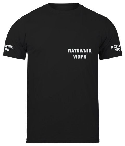 T-shirt, koszulka czarna z nadrukiem odblaskowym "Ratownik WOPR" 190g/m², rękawki, przód, tył T-shirt, koszulka czarna z nadrukiem odblaskowym "Ratownik WOPR" 190g/m², rękawki, przód, tył