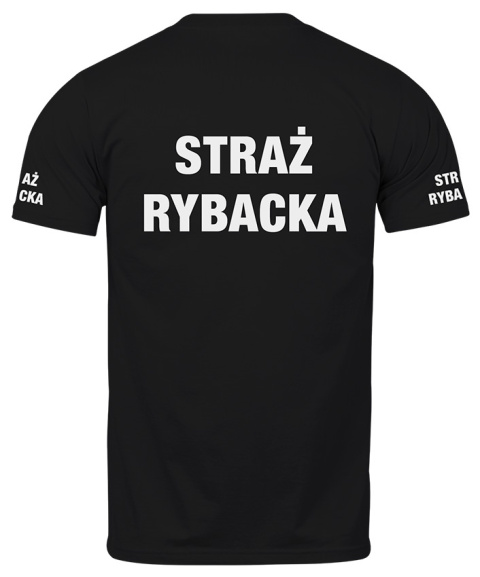 T-shirt, koszulka czarna z nadrukiem odblaskowym "Straż rybacka" 190g/m², rękawki, przód, tył T-shirt, koszulka czarna z nadrukiem odblaskowym "Straż rybacka" 190g/m², rękawki, przód, tył