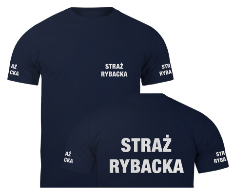 T-shirt, koszulka ciemnogranatowa z nadrukiem odblaskowym "Straż rybacka" 190g/m², rękawki, przód, tył T-shirt, koszulka ciemnogranatowa z nadrukiem odblaskowym "Straż rybacka" 190g/m², rękawki, przód, tył