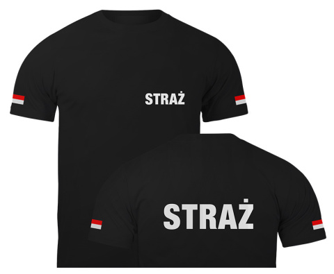 T-shirt, koszulka czarna z nadrukiem odblaskowym "Straż + flaga" 190g/m², rękawki, przód, tył