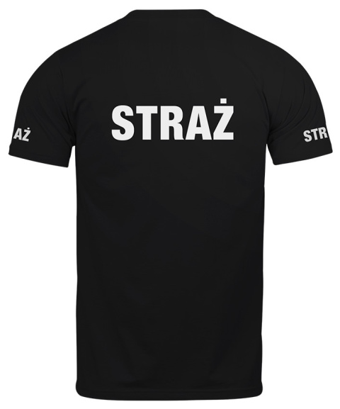 T-shirt, koszulka czarna z nadrukiem odblaskowym "Straż" 190g/m², rękawki, przód, tył T-shirt, koszulka czarna z nadrukiem odblaskowym "Straż" 190g/m², rękawki, przód, tył