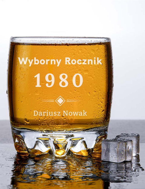 Szklanka okrągła na whisky 330 ml + Grawer "Wyborny Rocznik" + Imię i Nazwisko Szklanka okrągła na whisky 330 ml + Grawer "Wyborny Rocznik" + Imię i Nazwisko