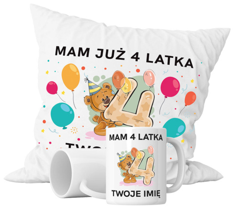 Zestaw prezentowy kubek + poduszka - "Mam 4 latka" + Twój Nadruk Zestaw prezentowy kubek + poduszka - "Mam 4 latka" + Twój Nadruk