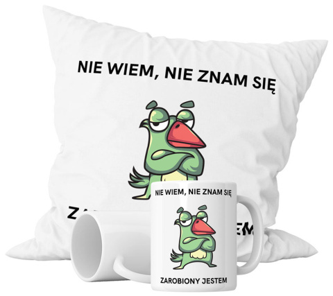 Zestaw prezentowy kubek + poduszka - "Nie wiem, nie znam się" + Twój Nadruk Zestaw prezentowy kubek + poduszka - "Nie wiem, nie znam się" + Twój Nadruk