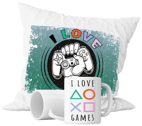 Zestaw prezentowy kubek + poduszka - "I love games" + Twój Nadruk Zestaw prezentowy kubek + poduszka - "I love games" + Twój Nadruk
