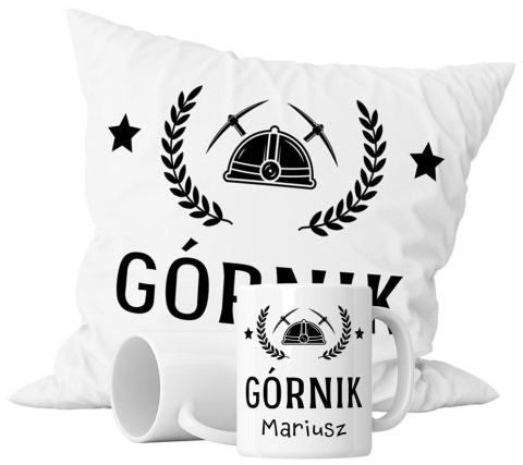 Zestaw prezentowy kubek + poduszka - "Górnik" + Twój Nadruk