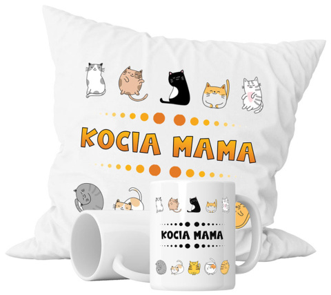 Zestaw prezentowy kubek + poduszka - "Motyw kocia mama" + Twój Nadruk Zestaw prezentowy kubek + poduszka - "Motyw kocia mama" + Twój Nadruk
