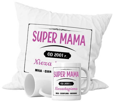 Zestaw prezentowy kubek + poduszka - "Super mama od …" + Twój Nadruk + Rocznik Zestaw prezentowy kubek + poduszka - "Super mama od …" + Twój Nadruk + Rocznik