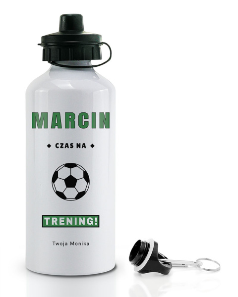 Bidon biały z karabińczykiem i ustnikiem 500 ml z nadrukiem - "Czas na trening" + Imię Bidon biały z karabińczykiem i ustnikiem 500 ml z nadrukiem - "Czas na trening" + Imię