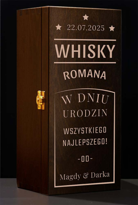 Drewniane pudełko skrzynka na whisky z grawerem - "W dniu urodzin" + Imię + Data + Imiona darczyńców Drewniane pudełko skrzynka na whisky z grawerem - "W dniu urodzin" + Imię + Data + Imiona darczyńców