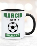 Kubek 330 ml z czarnym uchwytem i wnętrzem + nadruk "Super piłkarz" + Dowolne imię